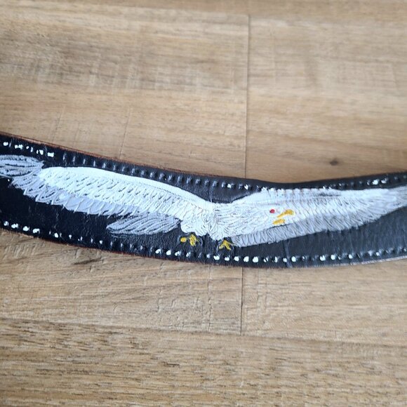 Handmade black tooled leather belt with painted eagles. - Picture 2 of 7
